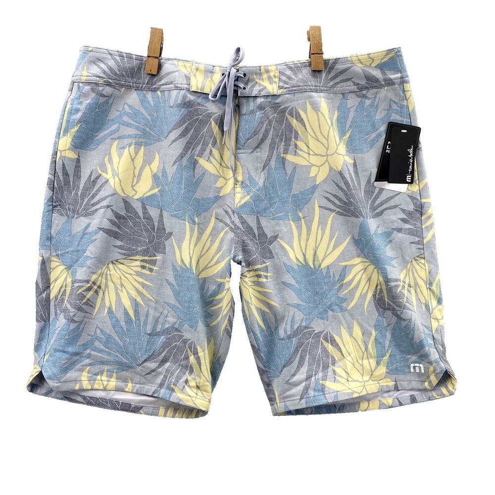 Travis Mathew Outsourced Board Shorts Men 40 Blue Floral Performance Swim Trunks